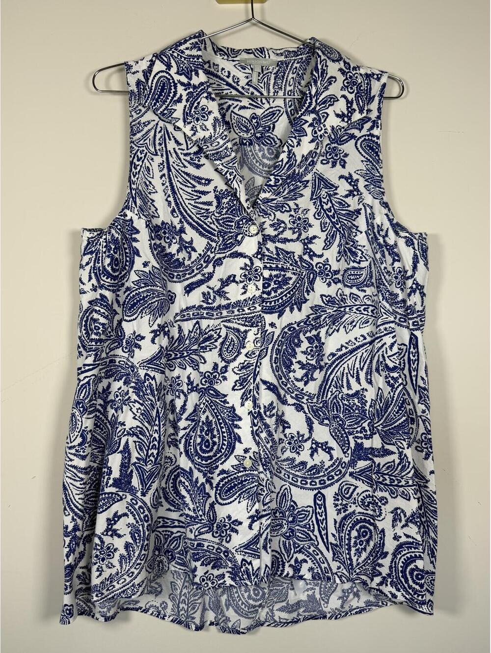 Hinson Wu sleeveless button down blue and white paisley print blouse size 12
